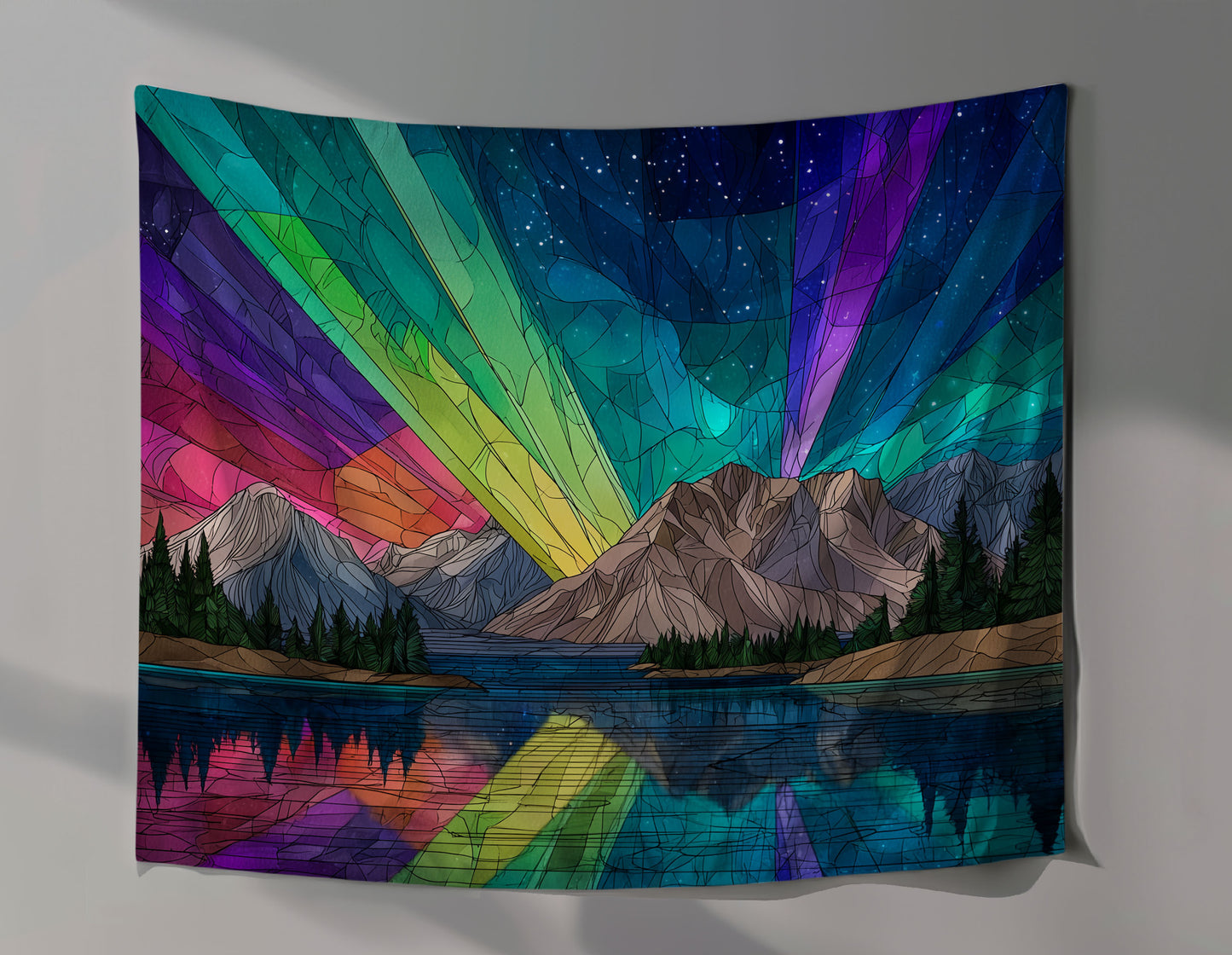 Stained Glass Aurora Mountains Wall Tapestry