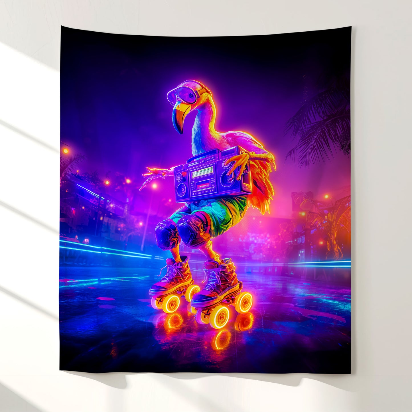 Retro Roller Skating Flamingo Wall Tapestry