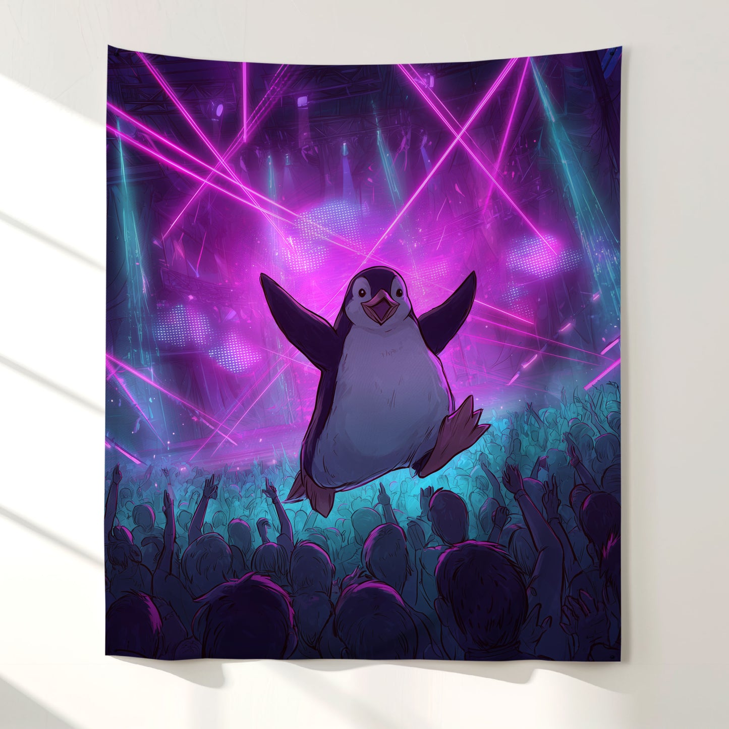 Crowd Surfing Rave Penguin Wall Tapestry