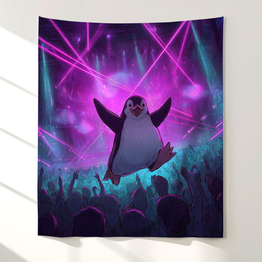 Crowd Surfing Rave Penguin Wall Tapestry