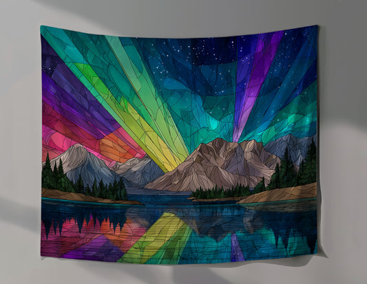Stained Glass Aurora Mountains Wall Tapestry